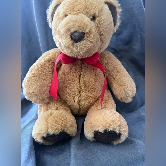 Teddy Bear Charlie The Bear by Aurora Brown Red Bow 15" Faux Leather Ears Nose - Picture 2 of 11